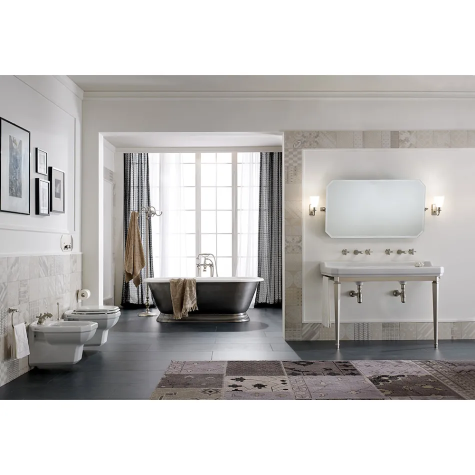 Badeværelseskonsol L 135 cm med dobbelt skål i keramik fremstillet i Italien - Nausica Viadurini