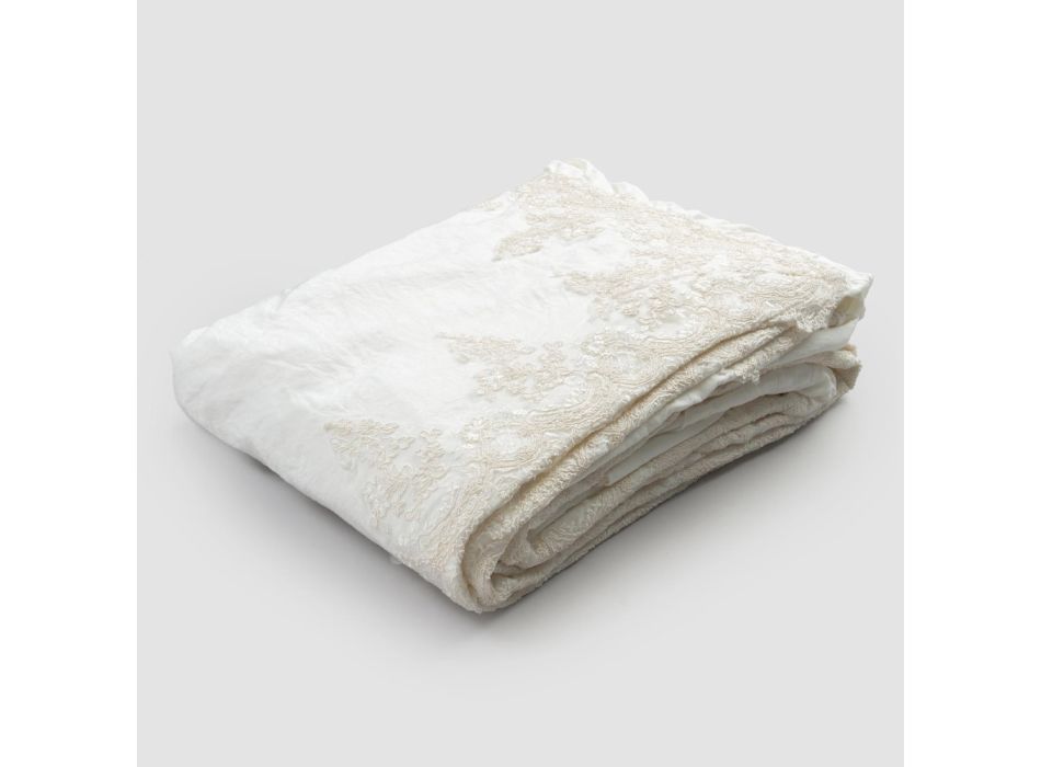 Dobbelt sengetæppe i linned med blonder på de foldede kanter - Paucis Viadurini