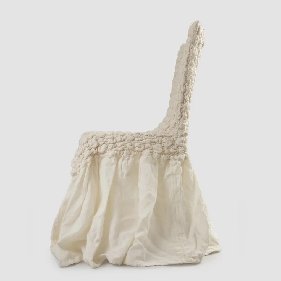 Elegant stolebetræk med ryglæn til stuen i broderet hør - Panteo Viadurini