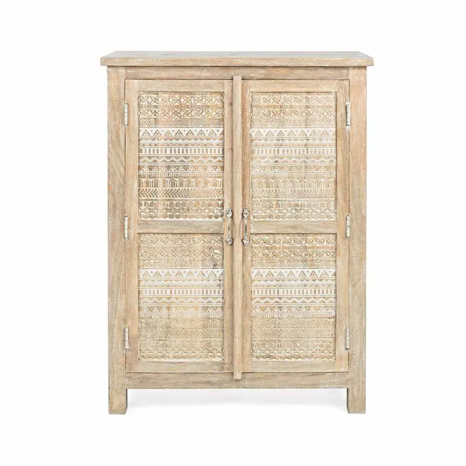 Høj skænk i hånddekoreret træ med messinghåndtag Homemotion - Zotto Viadurini