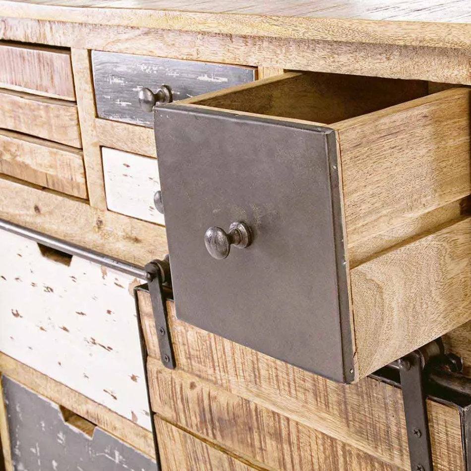 Skænk med struktur i mangotræ og stål i industriel stil - Vidia Viadurini