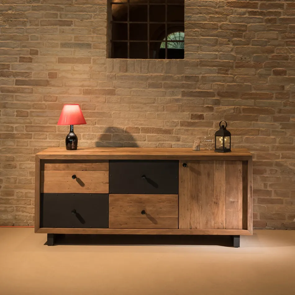 Indendørs skænk med én låge, 4 skuffer og metalfødder - skubbe Viadurini