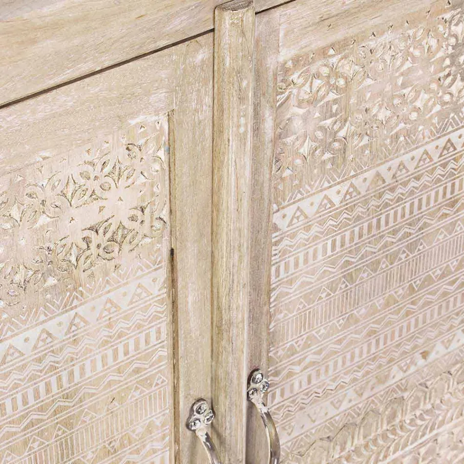 Skænk i mangotræ med håndindlagte dekorationer - Zotto Viadurini