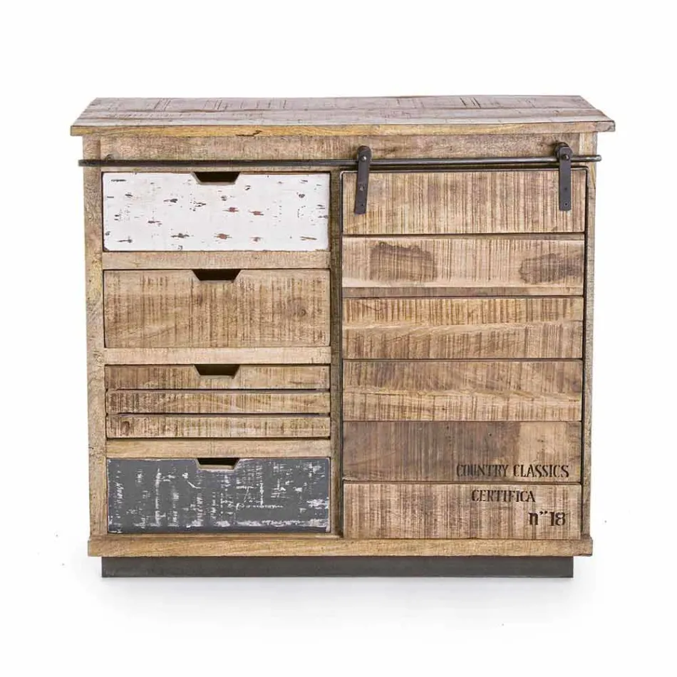 Skænk i træ og stål med dør og 4 skuffer Industriel stil - Renza Viadurini