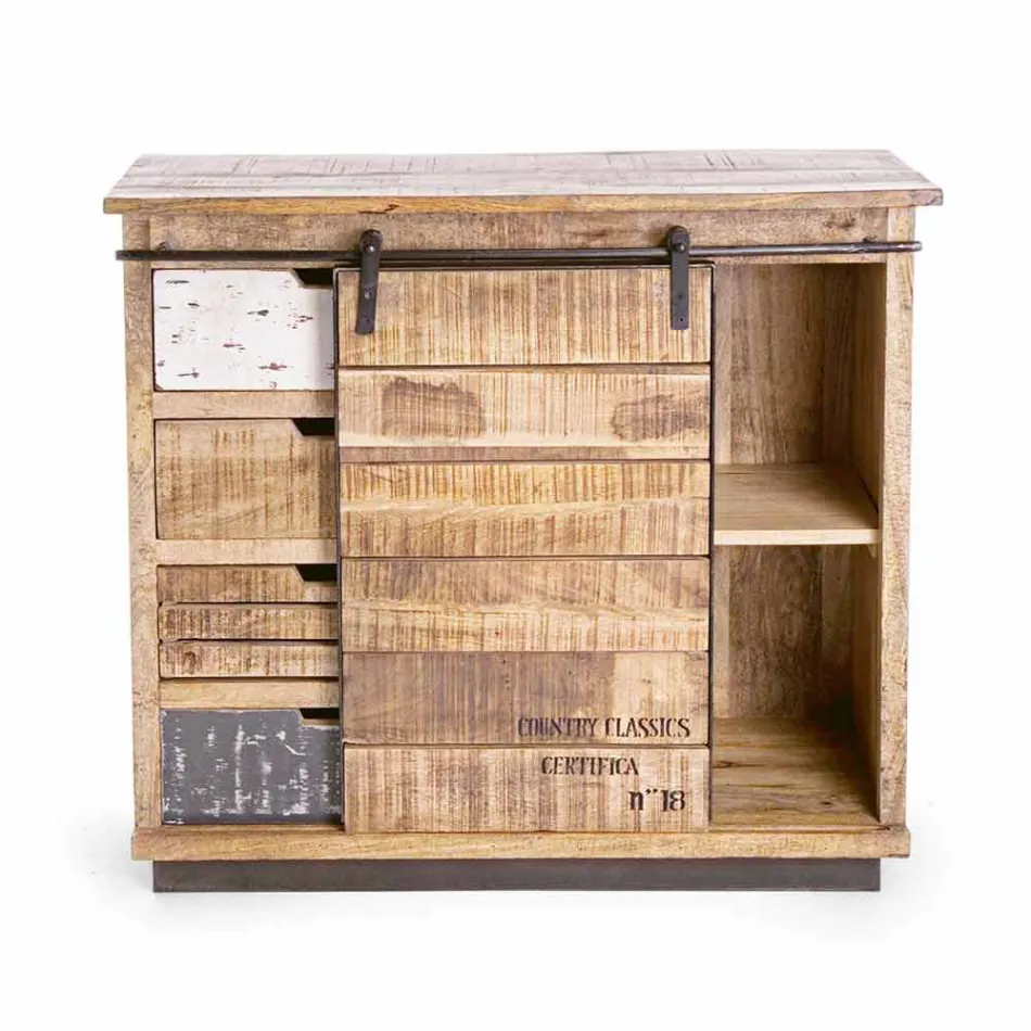 Skænk i træ og stål med dør og 4 skuffer Industriel stil - Renza Viadurini