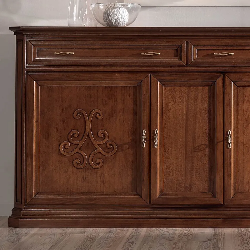 Skænk i patineret valnøddetræ med liljedekoration Made in Italy - Kirsebær Viadurini