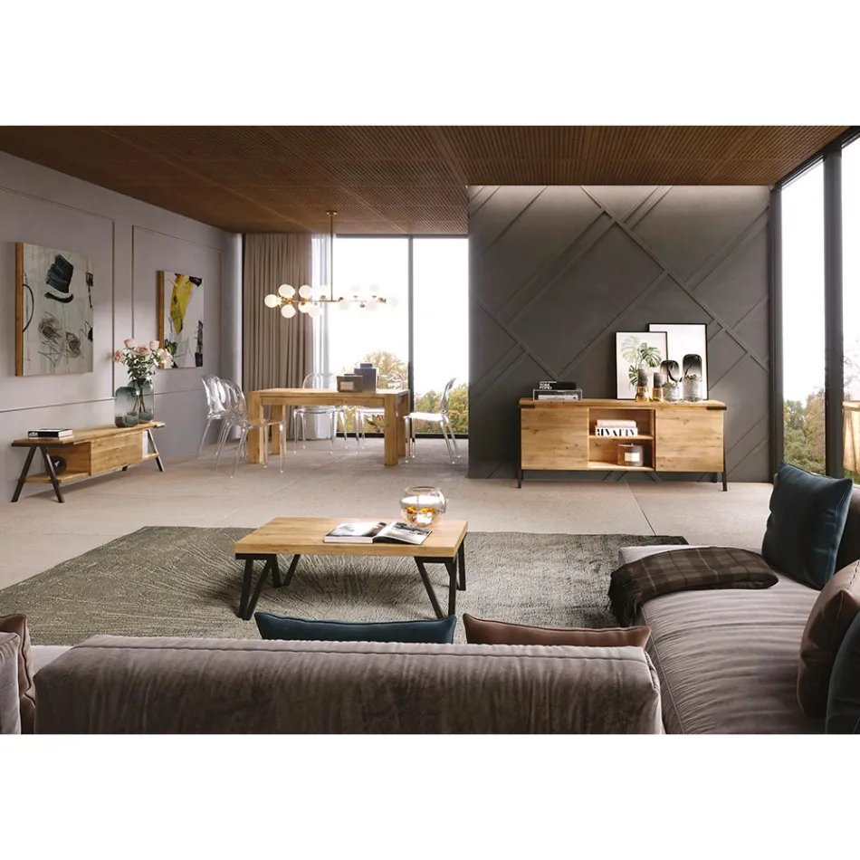 Skænk i egetræ og metal med 2 døre og åbent rum Lavet i Italien - Jennifer Viadurini