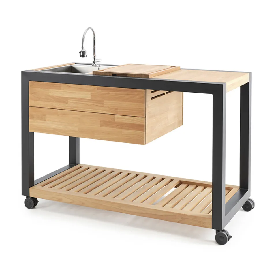 Udekøkken 140x65x93 cm lavet af massiv teak og aluminium - Convivial Viadurini