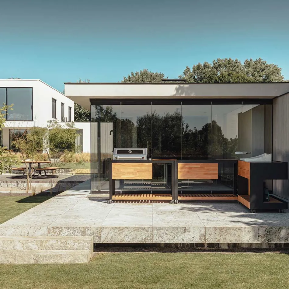 Udekøkken 140x65x93 cm lavet af massiv teak og aluminium - Convivial Viadurini