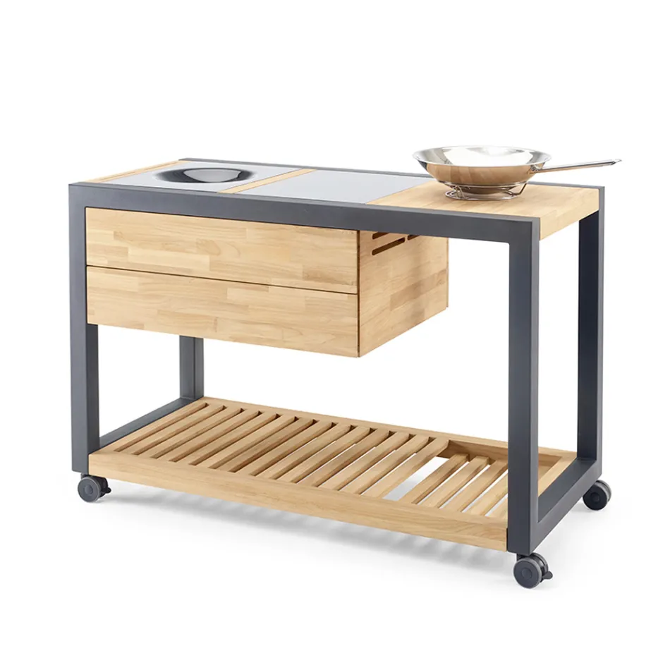 Udekøkken 140x65x93 cm lavet af massiv teak og aluminium - Convivial Viadurini