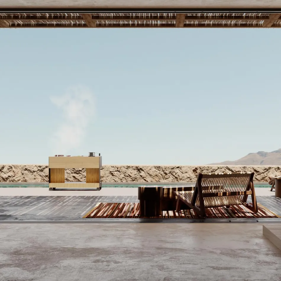 Udekøkken 141x70x93 cm lavet af massiv teaktræ og aluminium - Stilosa Viadurini