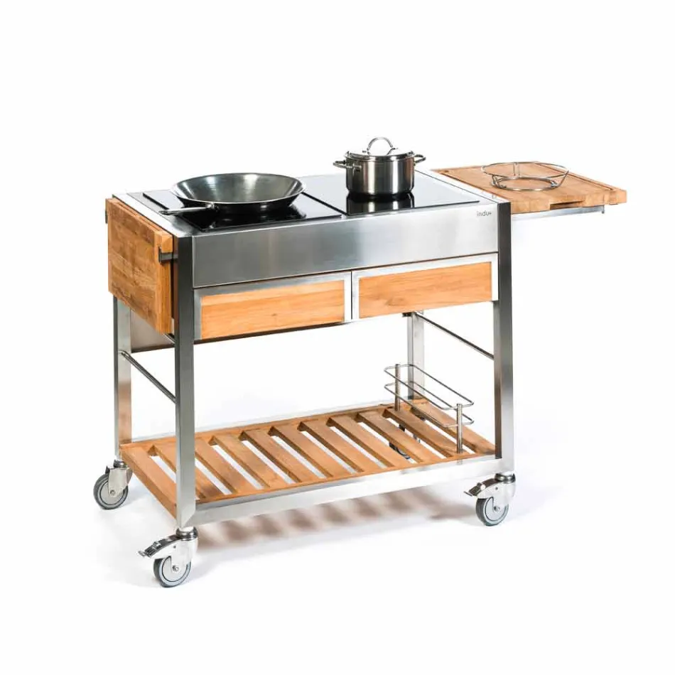 Moderne udendørs havekøkken på træ- og stålhjul - Buoncalliope Viadurini