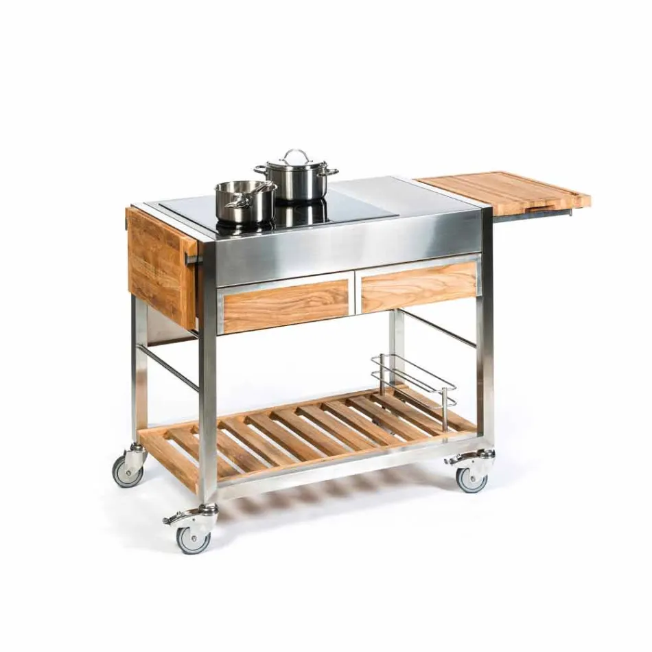 Moderne udendørs havekøkken på træ- og stålhjul - Buoncalliope Viadurini