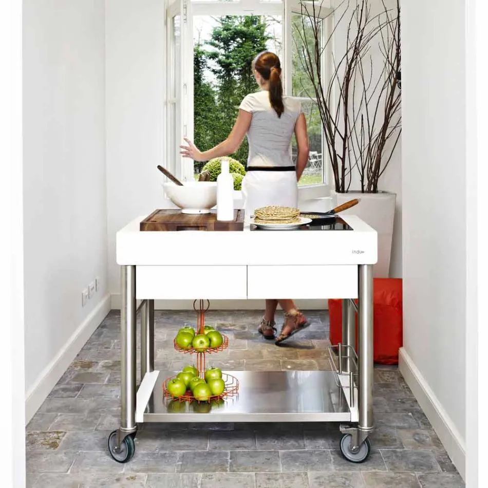 Moderne køkken på hjul til udendørs have i træ og stål - Calliope Viadurini