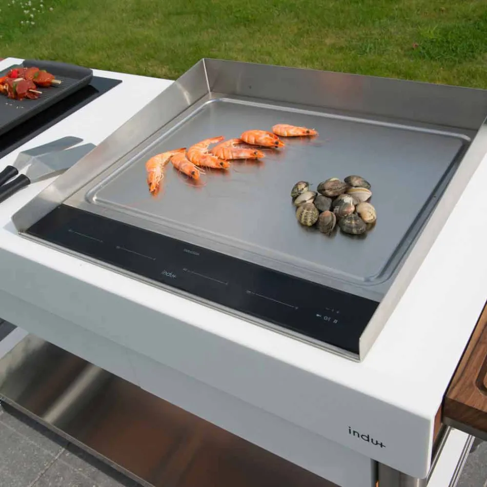 Moderne køkken på hjul til udendørs have i træ og stål - Calliope Viadurini