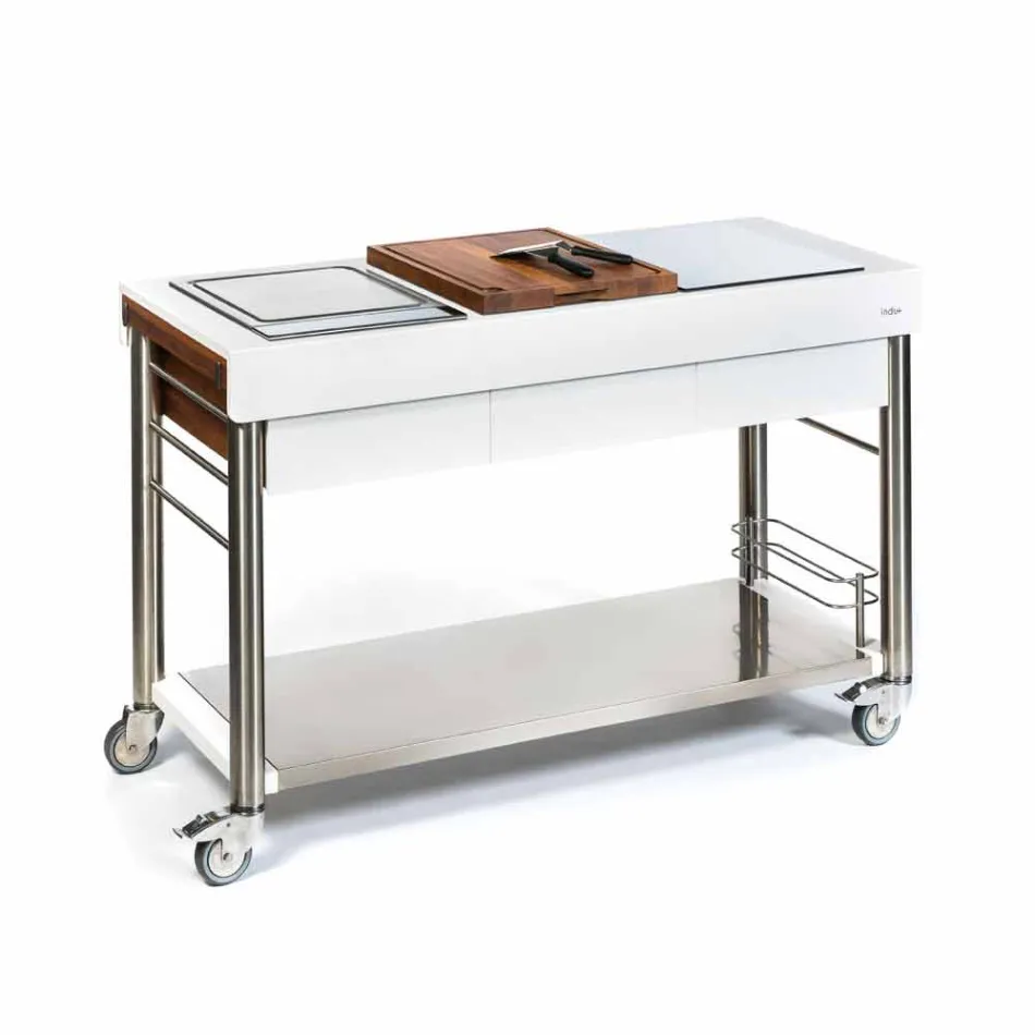 Moderne køkken på hjul til udendørs have i træ og stål - Calliope Viadurini