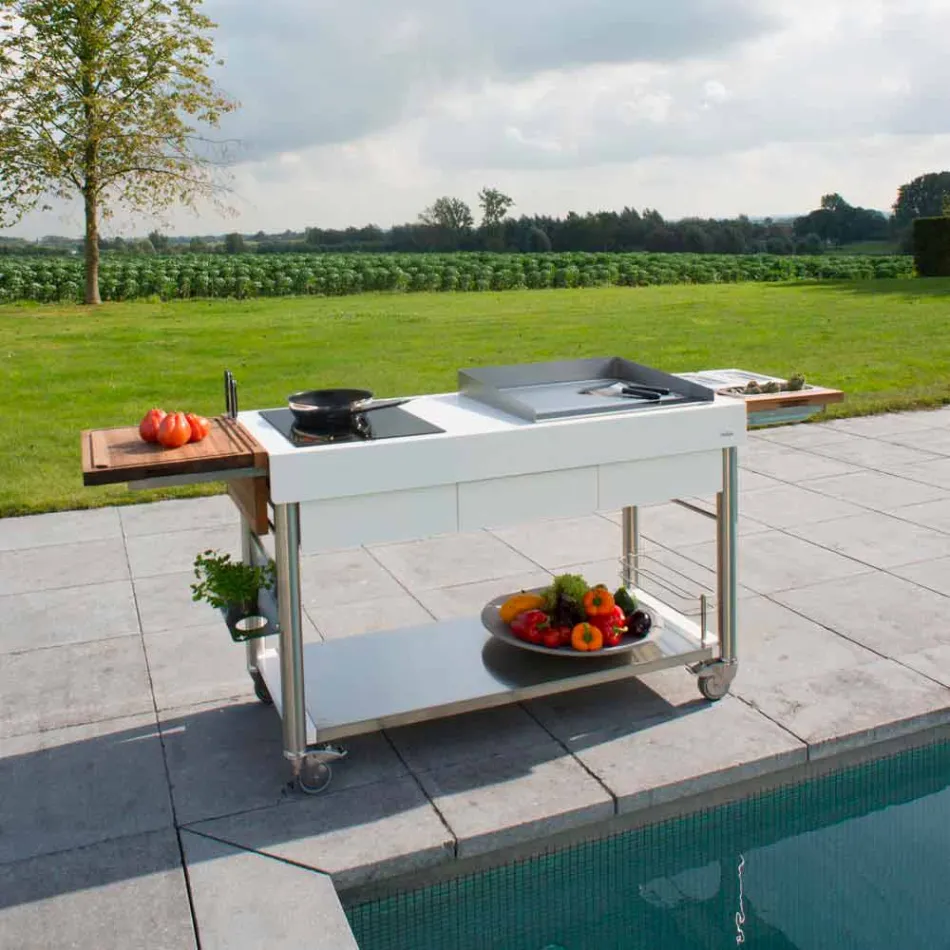 Moderne køkken på hjul til udendørs have i træ og stål - Calliope Viadurini