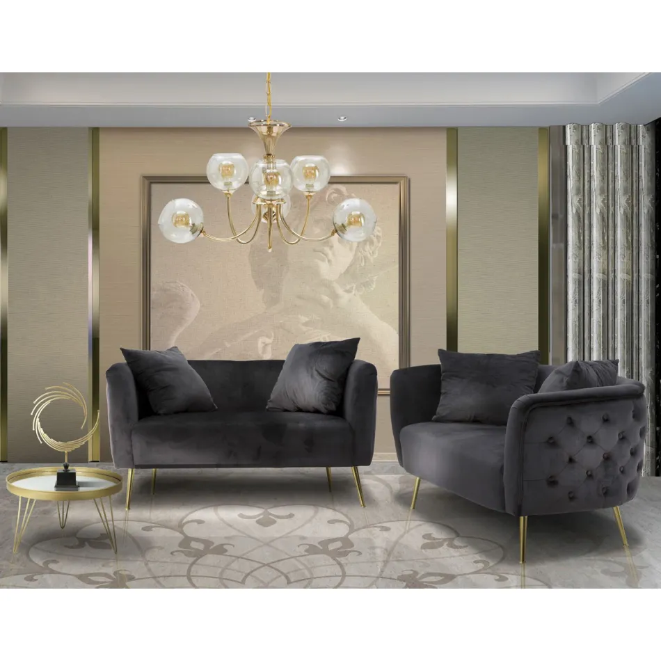 To-personers sofa i designer fløjl, træ og jern struktur - Renita Viadurini