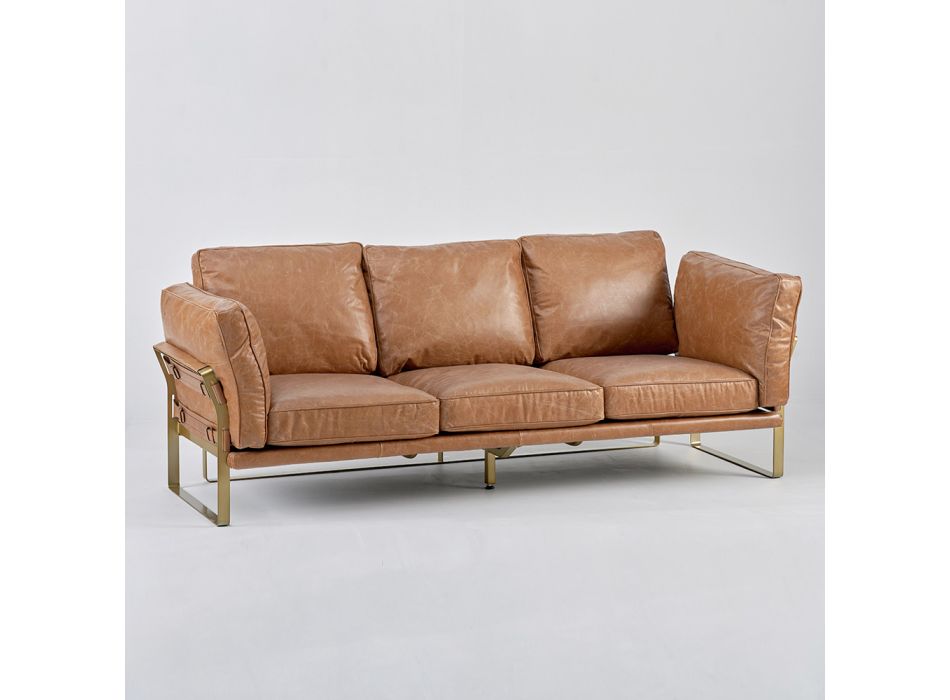 3 personers stue sofa i Cognac farve ægte læder og metal base - cedertræ Viadurini