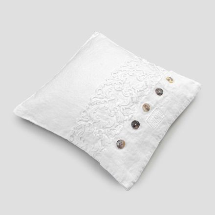 Hvidt firkantet pudebetræk med italiensk luksus blonder og knapper - logoer Viadurini