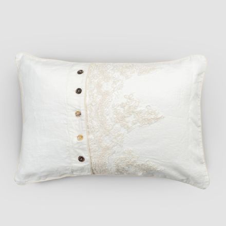 Rektangulært pudebetræk med elegante blonder i hvidt hørdesign til seng - Gioiano Viadurini