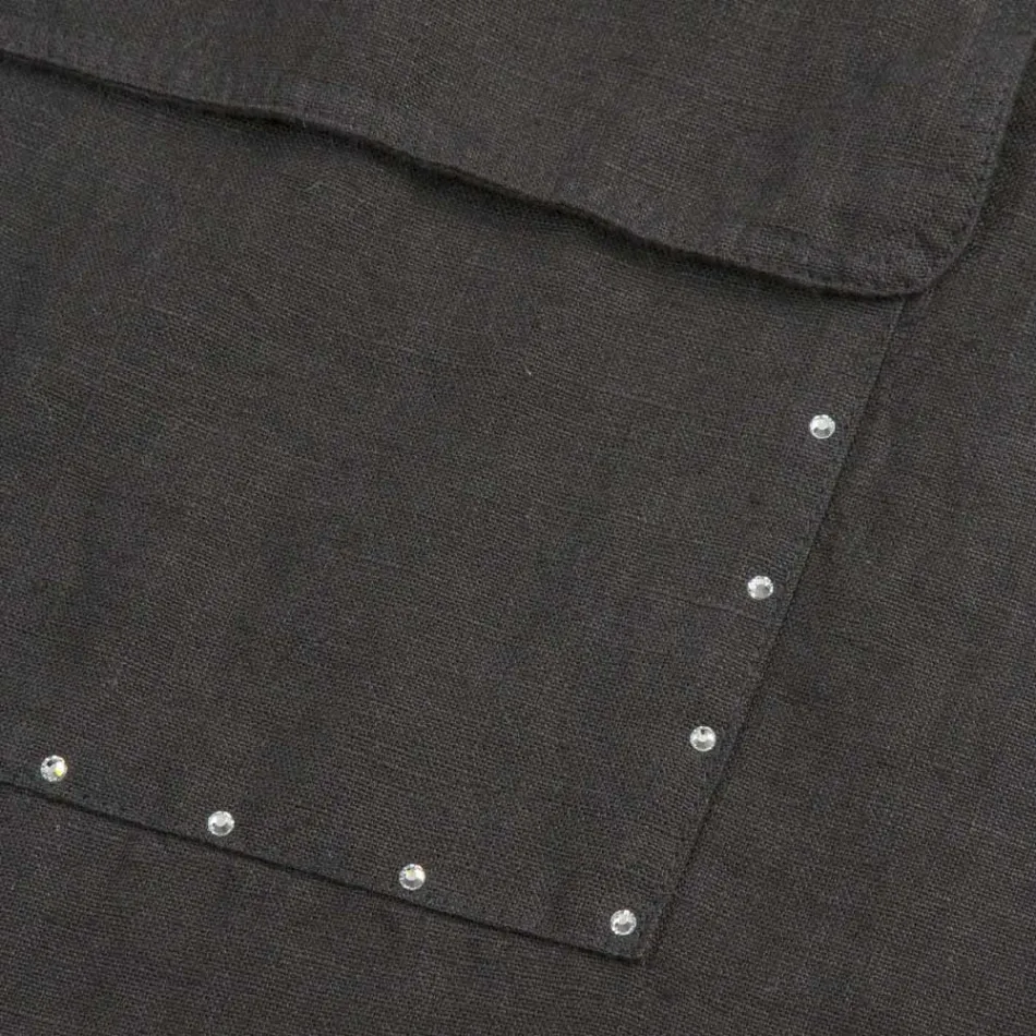 Sort hør køkkenforklæde med krystaller Lav model med lomme - klik Viadurini