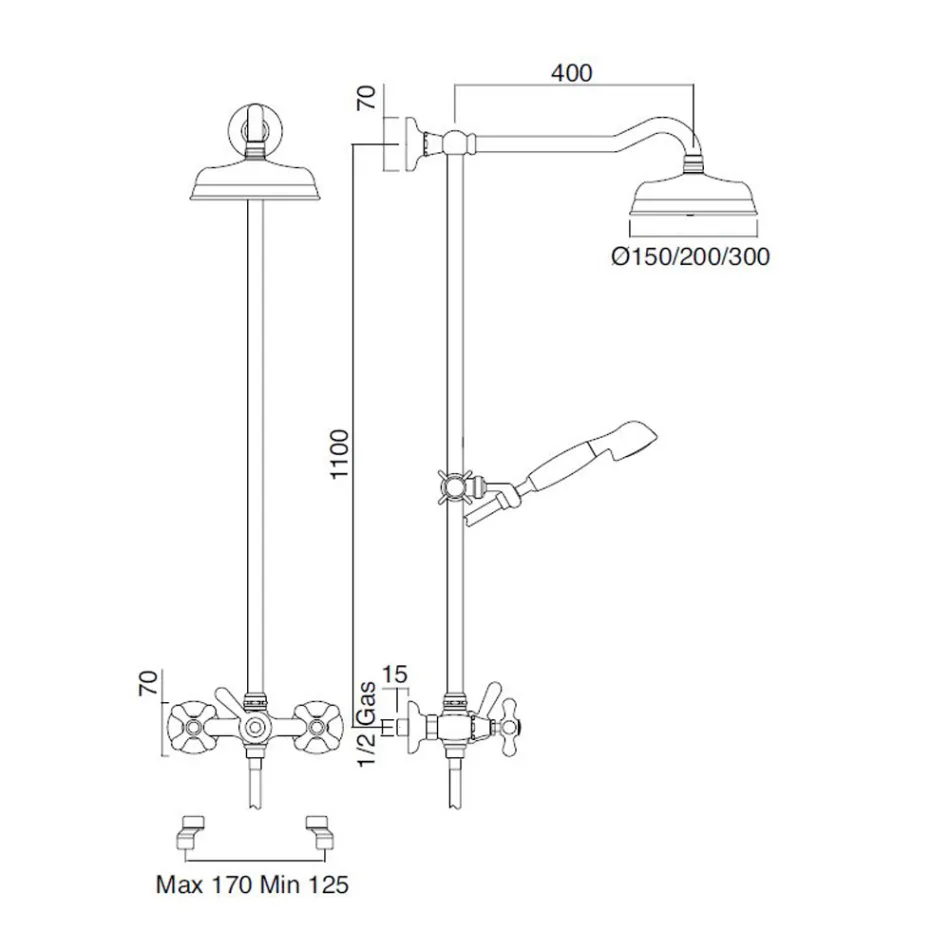 Klassisk Duplex messingbrusegruppe med brusehoved i 3 størrelser - Ercolina Viadurini