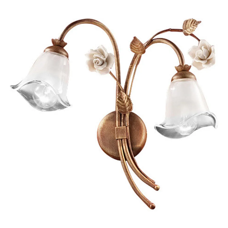 Væglampe 2 lys i jern og glas med rose i keramik - Siena Viadurini