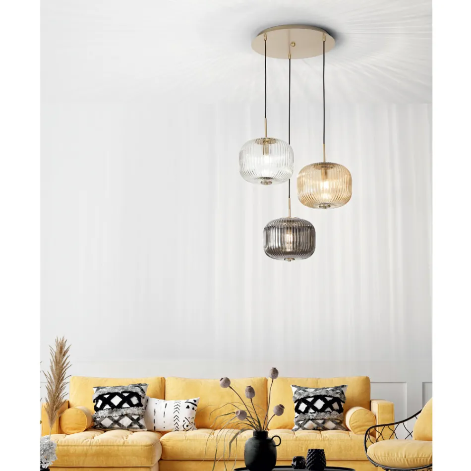 Pendellampe 3 lys i farvet blæst glas og metal - Trissa Viadurini