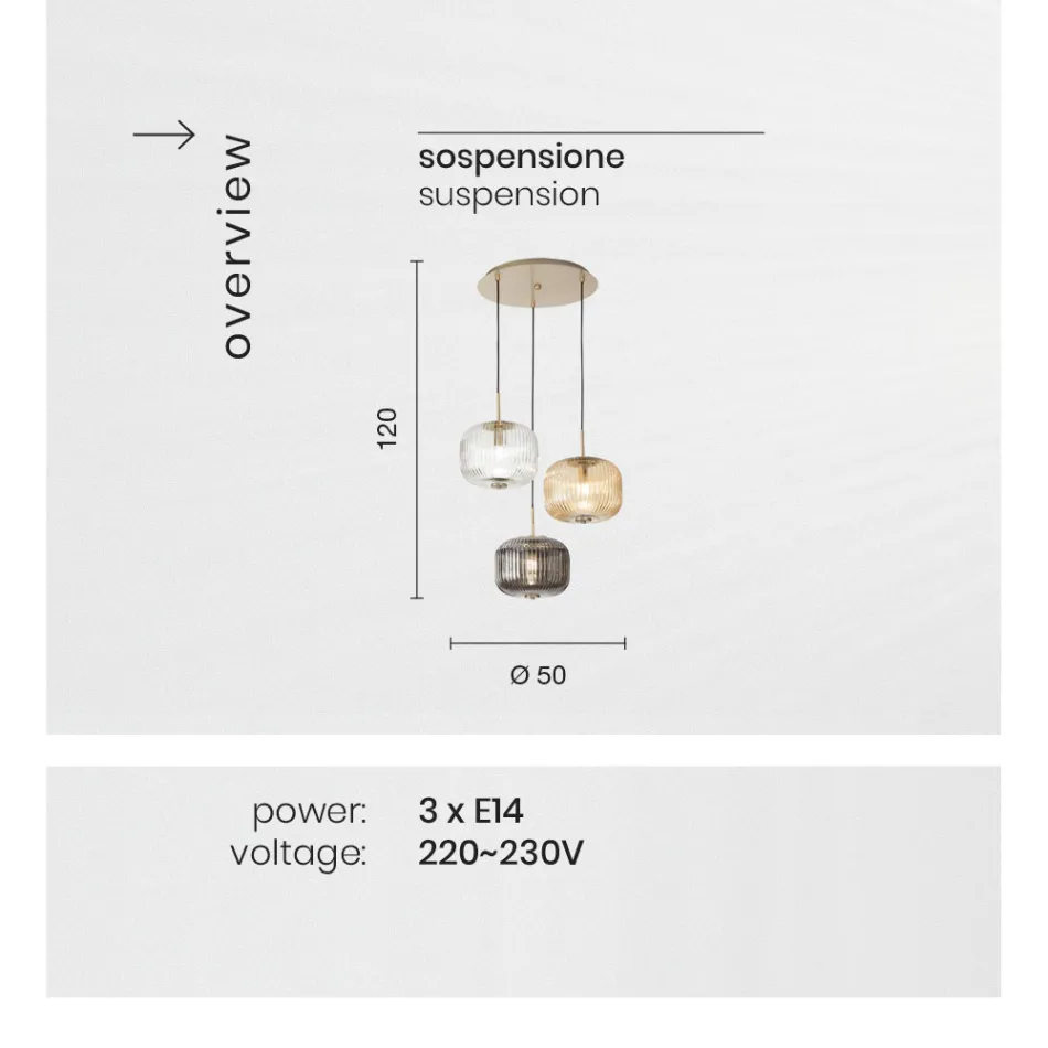 Pendellampe 3 lys i farvet blæst glas og metal - Trissa Viadurini