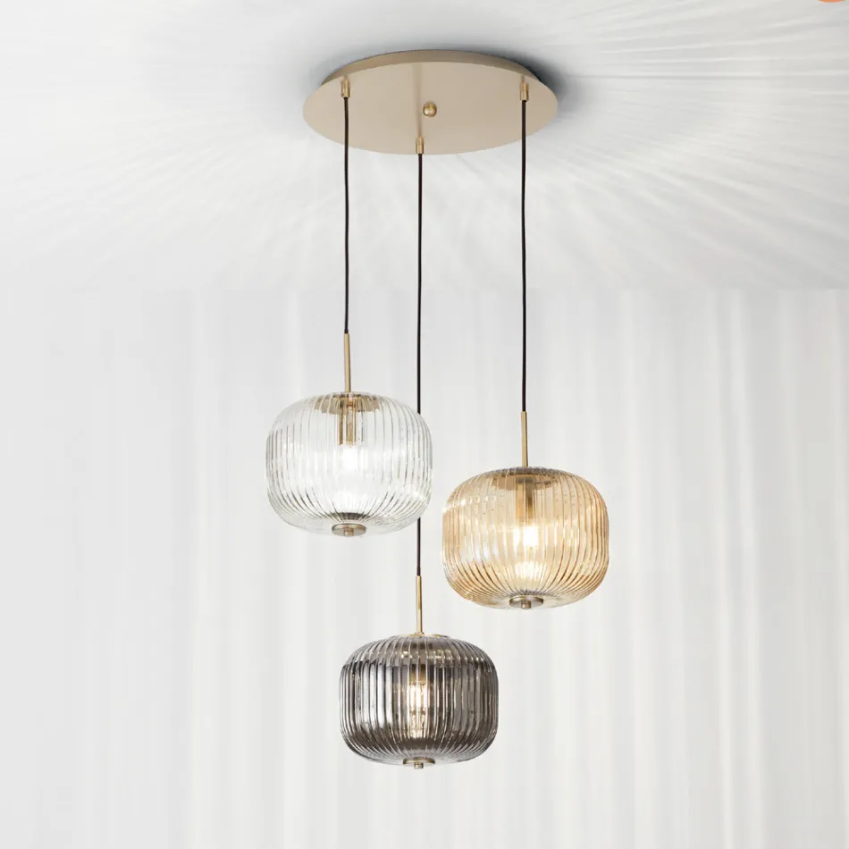 Pendellampe 3 lys i farvet blæst glas og metal - Trissa Viadurini