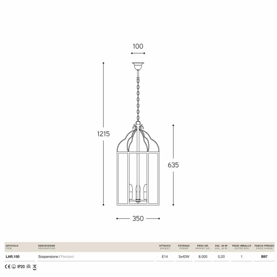 Hængende lampe med 3 lys messing og glas Turandot Viadurini