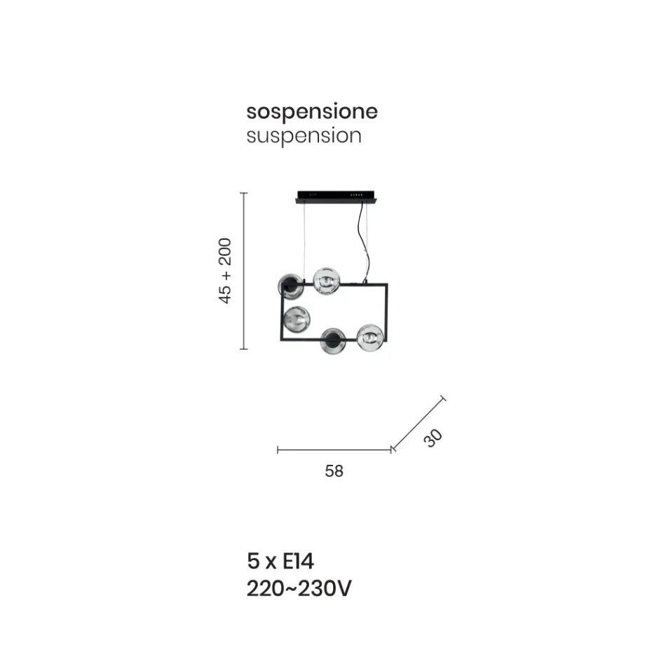 Pendellampe med 5 lys i metal og moderne blæst glas - Birga Viadurini