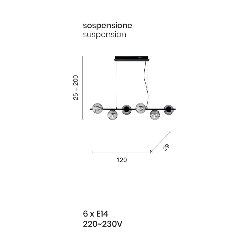 Pendellampe med 6 lys i metal og moderne blæst glas - Birga Viadurini