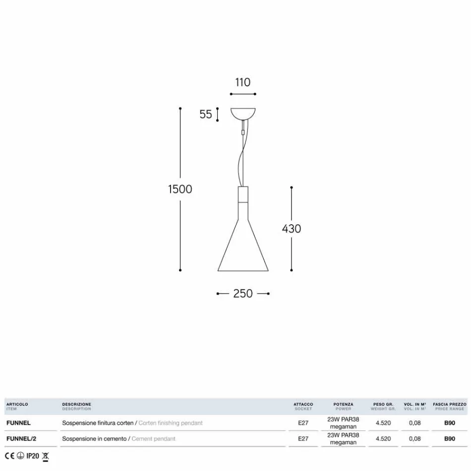 Lampe cement suspension Tragt Aldo Bernardi Viadurini