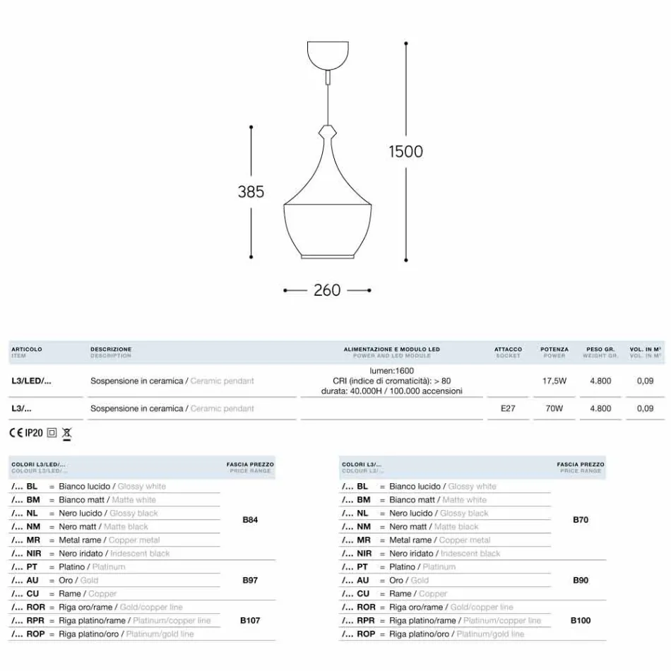 Lampe keramisk suspension Den Lustri 3 Aldo Bernardi Viadurini