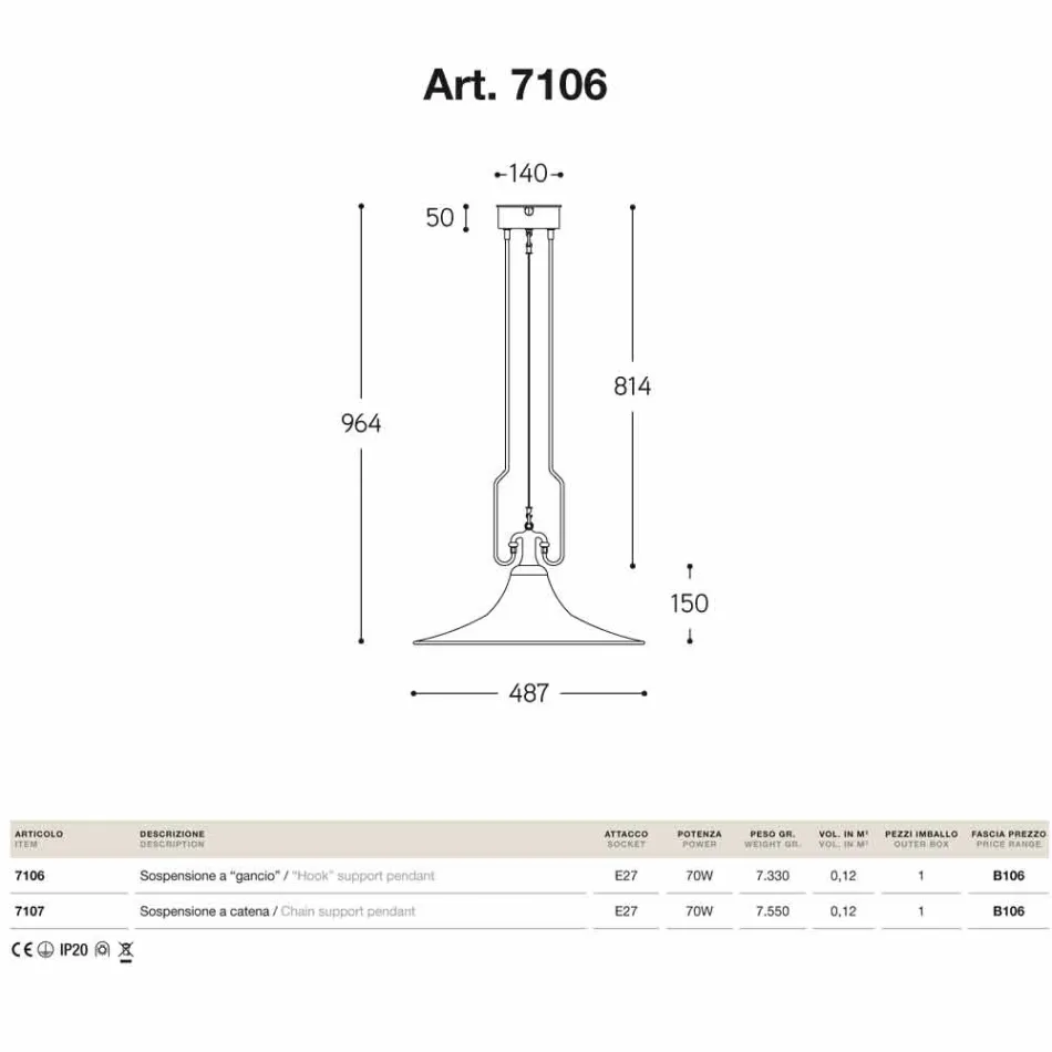 Lampe Brass Mill suspension og kobber med krog Viadurini