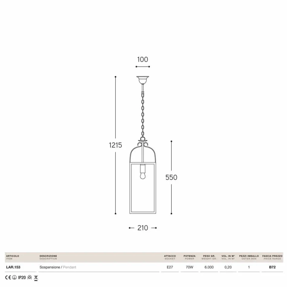 firkantet pendel 1 messing lys og Aida glas Viadurini