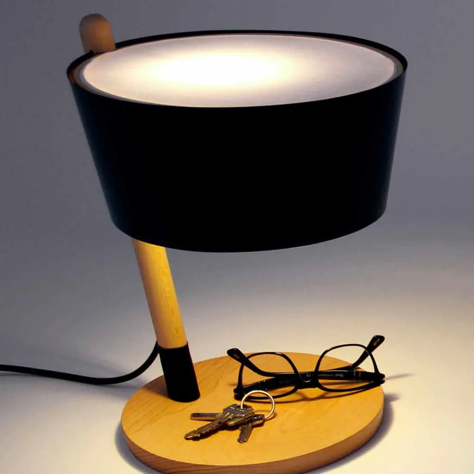 Bordlampe i bøg med detaljer i metal og vegansk læder - Avetta Viadurini