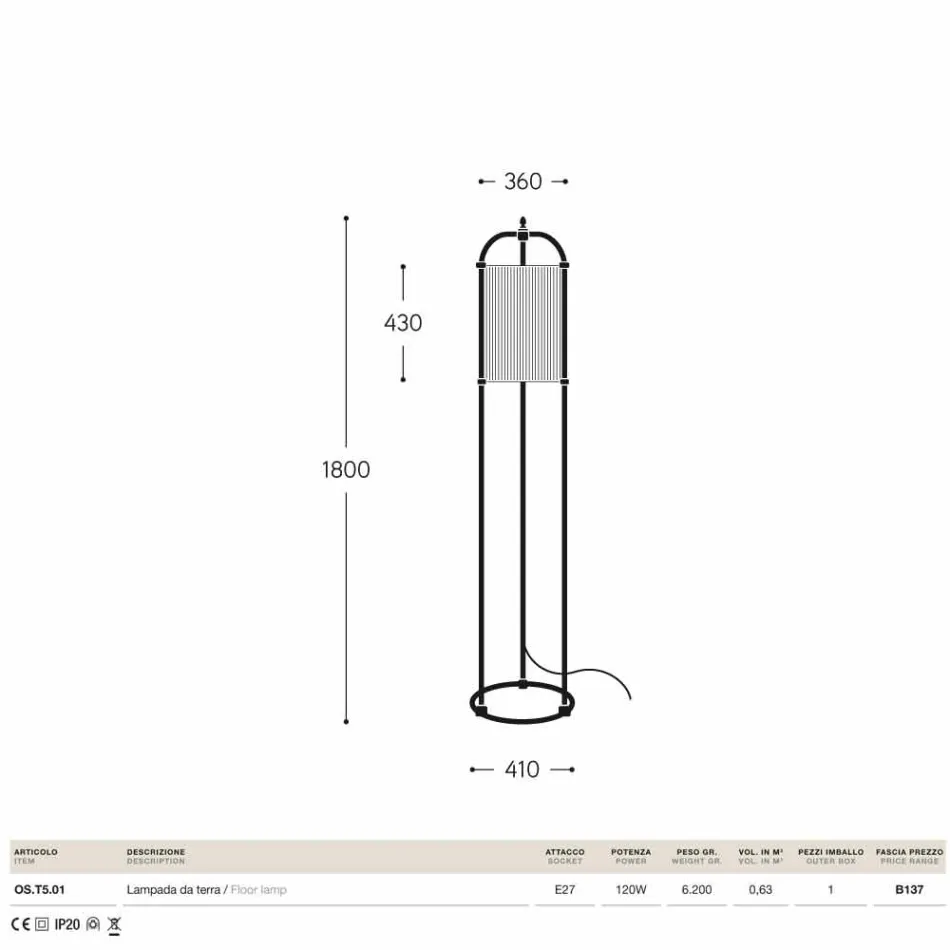 Traditionel gulvlampe i messing og stof Hua Hika Viadurini