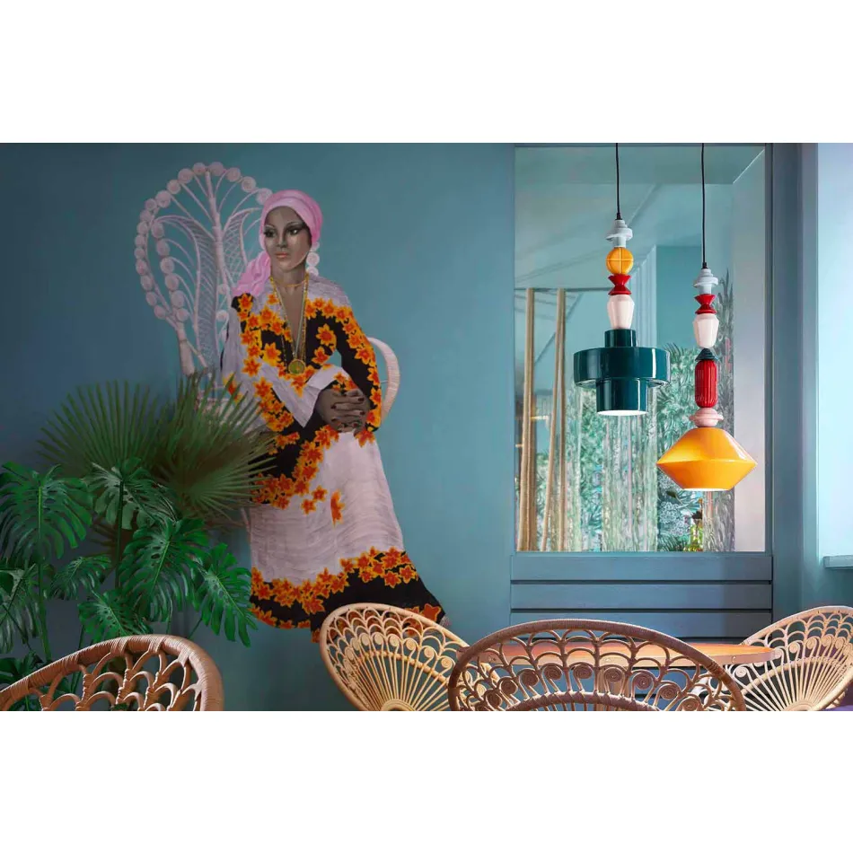 Gul eller grøn retro keramisk hængelampe fremstillet i Italien - Ferroluce Lariat Viadurini