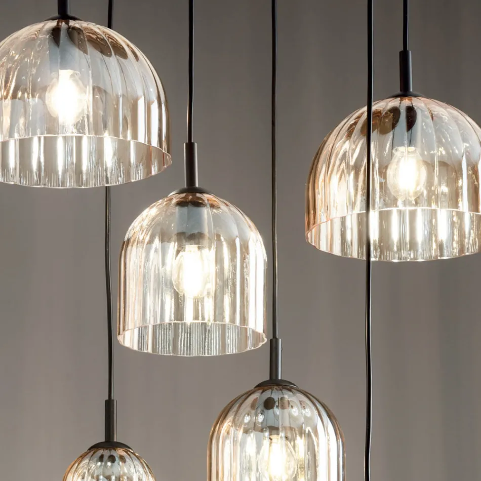 Pendellampe i blæst stribet glas og malet metal - Giuliano Viadurini