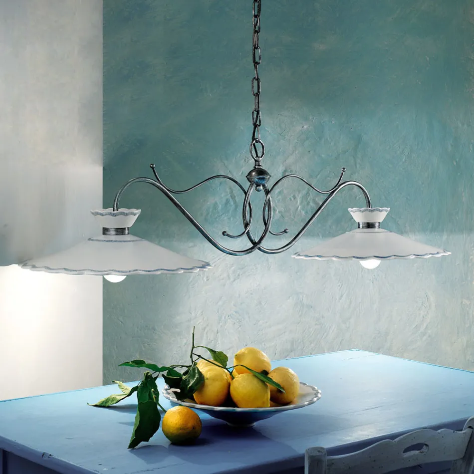 Lineær suspenderet lampe 2 lys Keramisk håndlavet broderieffekt - Ravenna Viadurini