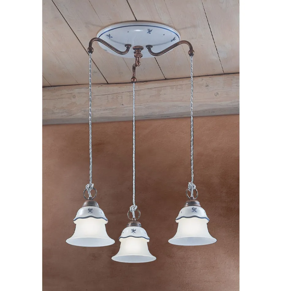 Rund hængelampe i jern, glas, håndmalet keramik - Ferrara Viadurini