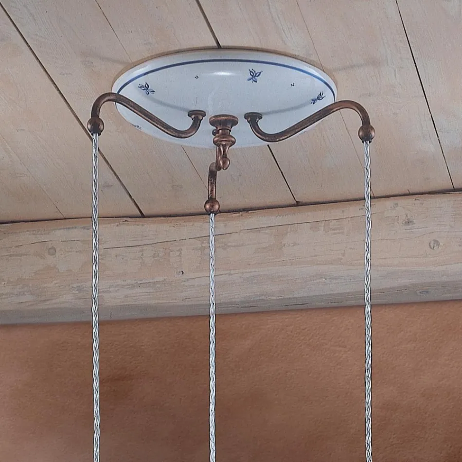 Rund hængelampe i jern, glas, håndmalet keramik - Ferrara Viadurini