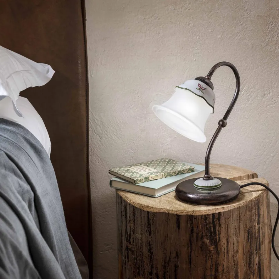 Vintage håndmalet bordlampe i jern, glas og keramik - Ferrara Viadurini