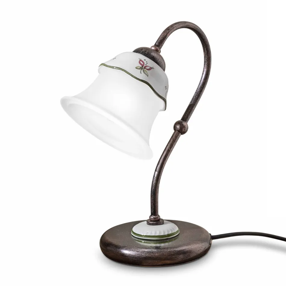Vintage håndmalet bordlampe i jern, glas og keramik - Ferrara Viadurini