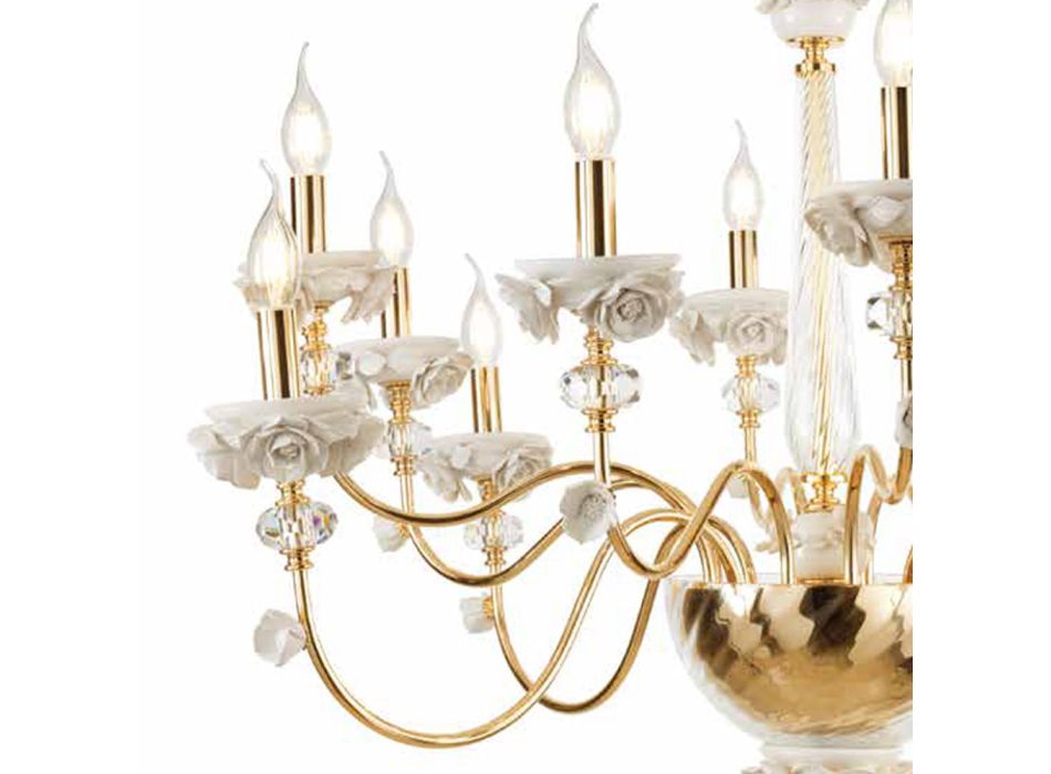 Klassisk 12 lys lysekrone i porcelæn og luksus blæst glas - Eteria Viadurini