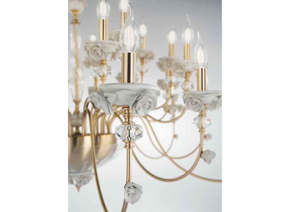 Klassisk 12 lys lysekrone i porcelæn og luksus blæst glas - Eteria Viadurini