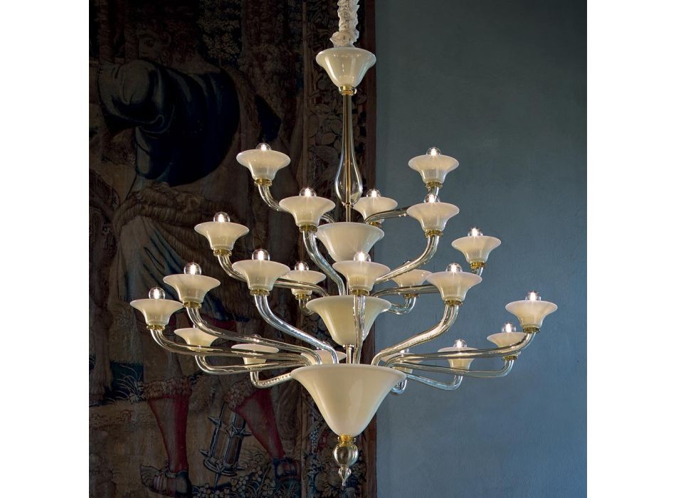 Lysekrone 21 lys i Venedig glas og guldmetal fremstillet i Italien - Ismail Viadurini